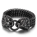 Men's punk style stainless steel bracelet featuring double lion heads and woven chain - Lion Head / Silver Black