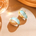 Blue and beige enamel geometric clip-on earrings in a vintage French arc design - 925 Silver Post Style