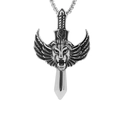 Hip hop silver lion head with wings and sword pendant necklace on white background - Talon + Steel Chain
