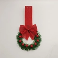 Detail of mini Christmas wreath with red berries, pine needles and a large burlap bow - Red Ribbon / 1 Piece