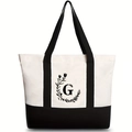 Canvas tote bag with black letter G and floral wreath design on white background - Letter G / 46*12*31CM