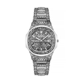 Detail of silver steel watch with intricate Arabic style engravings and date window - Silver