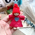 Handmade wooden Christmas girl doll with red knit hat and grey heart on felt dress - Red Hat Red Dress Grey Heart Handmade Wood Doll (A45)
