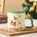 Christmas ceramic reindeer mug with green lid and spoon featuring festive graffiti patterns - Cute Reindeer - Mug with Lid & Spoon