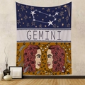 Detail of Gemini zodiac tapestry showing gold constellations and twin female illustrations - Gemini