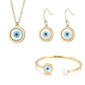 Golden Evil Eye jewelry set with necklace earrings and pearl bangle featuring shell inlay - Golden Shell Style (KS118304-K+KB123061-K)