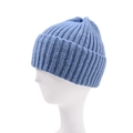 Detail view of blue ribbed knit beanie with rolled cuff on a mannequin head - One Size (54-60cm) / Sky Blue