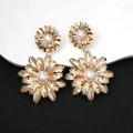 Elegant gold double-layer daisy flower stud earrings with a white pearl center - E1712 Double Daisy Artificial Pearl / Gold
