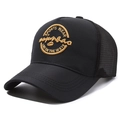 Black mesh trucker cap featuring gold sports embroidery on front crown with adjustable fit - Sports Wear Black with Gold Embroidery