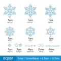 Macro detail of various snowflake and star glass stickers with specific size dimensions - BQ081 Silver Glitter Snowflake / Silver Glitter Snowflake