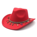 Classic bright red wool felt western cowboy hat with colorful ethnic beaded band for adults - M (56-58cm) / Red