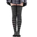 Over-the-knee socks in black and grey striped cotton blend shown on a model - Dark Grey & Black Thin Stripes