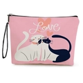 Pink cosmetic bag with Love cats illustration, canvas fabric with black wrist strap - LOVE Heart Style (xy-086-4) / With Wrist Strap