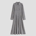 Blue plaid long sleeve shirt dress with button-up front and pleated waist design - XS / Blue Brown Plaid