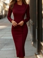 Nauwsluitende bordeauxrode midi-jurk met asymmetrische knopen en lange mouwen voor vrouwen - S / Bordeauxrood