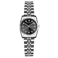 Detail of silver stainless steel watch with black dial and diamond hour markers - Small Silver Black Dial
