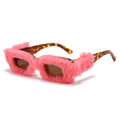 Plush pink faux fur square sunglasses with tortoise shell pattern plastic temples - Leopard Pink Fur