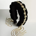 Elegant black velvet braided headband featuring sparkling rhinestone tassels and floral cluster - Black