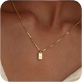 Minimalist 14K gold plated necklace with rectangular letter U engraved pendant on box chain - Box Chain/Letter U / Gold-U