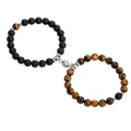 Magnetische koppel armbanden met matte agaat en tijgeroog kralen op witte achtergrond - Tijgeroog & Mat Zwart Met Ronde Magneet