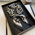Luxurious 70cm silk-feel square scarf with black and white geometric checkerboard patterns - Black