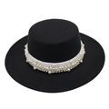 Detail of elegant black wool felt boater hat featuring luxury white pearl cluster band - One Size (Large Pearl) / Black (Polyester Round Top)