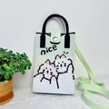 Detail of green knitted phone bag with 'nice' text and cute cartoon figures - Cyan Cat-Nice