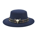 Detail of navy wool felt fedora featuring ethnic woven band and bronze bull skull buckle - M (56-58cm) / Navy Blue