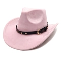 Vue détaillée du chapeau de cowboy en daim rose avec sangle en cuir noir et rivets dorés - M (56-58cm) / Rose Clair