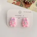 Cute pink flocked rabbit earrings with purple bows and 925 silver needles for women - Pink Bubbling Rabbit