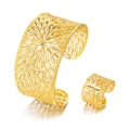 Exquisite gold hollow flower bangle and ring set with Middle Eastern carved details - Pattern 5 (24K Gold Texture)