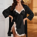 Elegante conjunto de pijama de satén negro con picardías de encaje y bata a juego - S / Negro