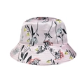 Close-up of pink satin sun hat with floral print and detailed reinforced stitching - Pink Jasmine Art Print