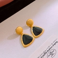 Close-up of vintage gold hammered texture earrings with black enamel triangle pendants - 37# Silver Earring Post - Gold - Black