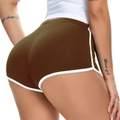Women's tight olive green sports shorts with white contrast trim and high waist - S / Dark Brown