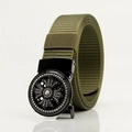 Army green nylon canvas belt for men featuring a black metal automatic buckle with cross - Gun F151 Round Rhinestone Cross (Army Green)
