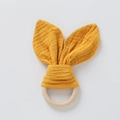 Baby teething ring with yellow cotton bunny ears and natural wood circular handle - Yellow