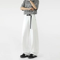 Pantalón casual blanco de pierna ancha para hombre y mujer con cinturón de hebilla - S / Blanco