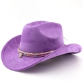 Detail of purple faux suede cowboy hat featuring colorful woven band and shell pendant - M (56-58cm) / Taro Purple