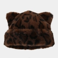 Makroaufnahme der dichten Leopardenmuster-Webpelzstruktur und Fuchs-Ohren am Hut - M (56-58cm) / Brauner Leopard