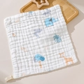 Soft white cotton gauze baby towel with cute animal cartoon print and waffle texture - Blue Elephant