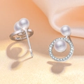Sparkling zircon and double pearl hoop earrings in polished silver finish for women - Platinum Double Pearl Hoop Stud Earrings (C137)