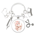 Cute doctor keychain with pink floral skull art and silver medical charms in zinc alloy - Floral Skull