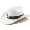 Close-up of white suede cowboy hat with brown leather band and silver bull head emblem - M (56-58cm) / Cream