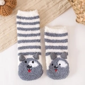Cute grey and white striped coral fleece socks with 3D dog embroidery for cozy home wear - Grey Striped Dog