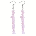 Detail of handmade long drop earrings with natural pink crystal chips and silver hooks - Rose Quartz