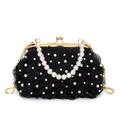 Elegante bolso de encaje negro con asa de perlas y cadena dorada fina - Negro