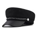 Classic women's black military hat featuring a silver chain and stylish PU leather brim - M (56-58cm) / Black