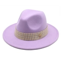 Lavender wool felt fedora featuring a houndstooth ribbon and golden M emblem detail - Taro Purple