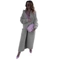 Women's long oversized light grey knit cardigan with lapel collar and side pockets - S / Gray